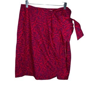 Boden Mock Wrap Tie Skirt Womens US 12R Red Purple Roses Short Cotton Zip Floral